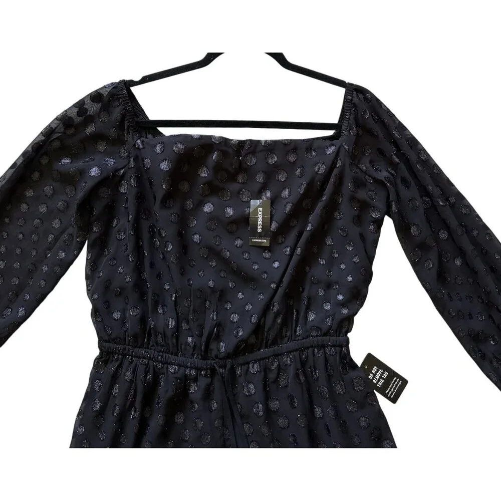 Express Black 3/4 Sleeve Sparkly PolkaDot Elastic Waist Romper Sexy M Witchy NWT - Picture 2 of 6